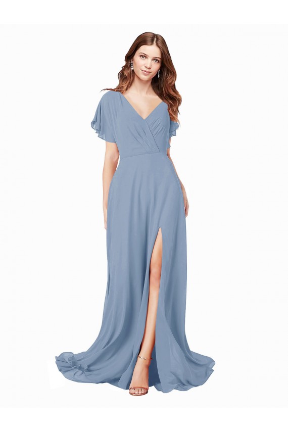 Inexpensive Chiffon Prom Dress with Flutter Sleeves and Front Slit UK