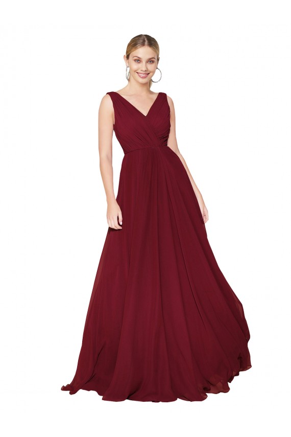 Inexpensive Draped A-Line V-Neck Floor Length Chiffon Prom Dress UK