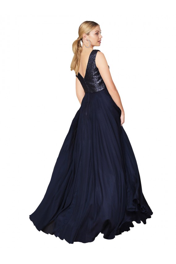 Inexpensive High Neck V-Neck Long Chiffon Prom Dress with Sequin Top UK