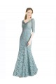 Inexpensive Half Sleeves Pleated Lace Prom Dress with Wrap-Around Portrait Neckline UK