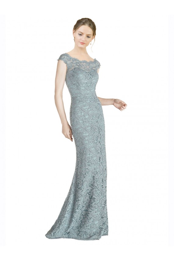 Inexpensive Off the Shoulder Mermaid Lace Prom Dress with Cap Sleeves UK