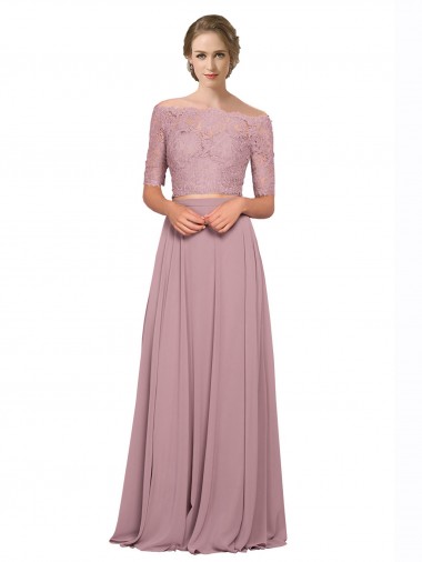 Inexpensive Off the Shoulder Lace Crop Top A-Line Chiffon Prom Dress UK