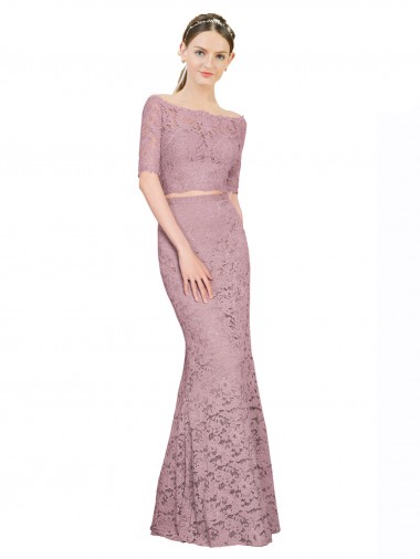 Inexpensive Short Sleeves Crop Top Mermaid Lace Prom Dress UK
