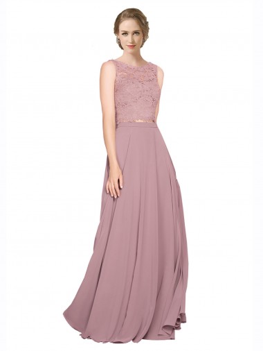 Inexpensive Long A-Line Chiffon Prom Dress with Sleeveless Lace Crop Top UK