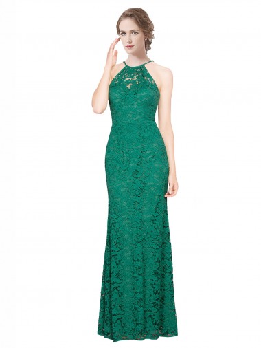 Inexpensive High Illusion Halter Neck Long Lace Prom Dress UK