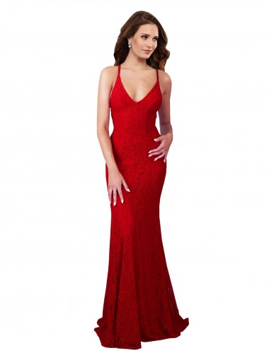 Inexpensive Low Back V-Neckline Floor Length Lace Prom Dress UK