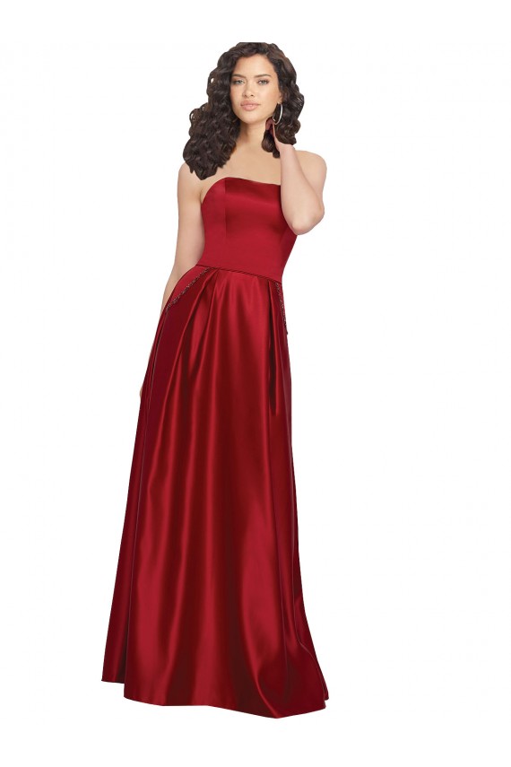 Inexpensive Strapless Satin Prom Dress with Beaded Pocket and Soft Pleating UK