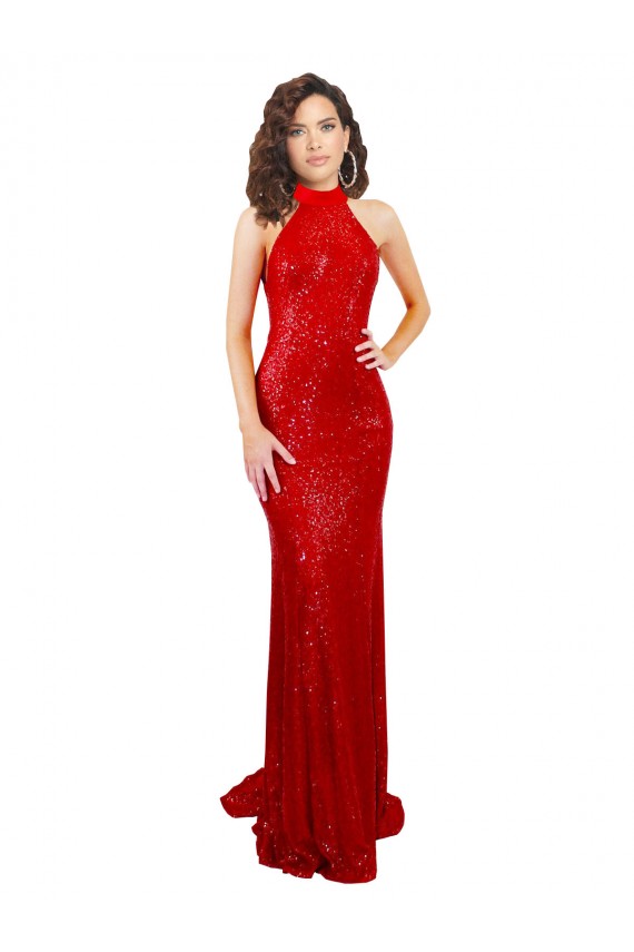 Inexpensive Halter High Neck Mermaid Open Back Sequin Prom Dress UK
