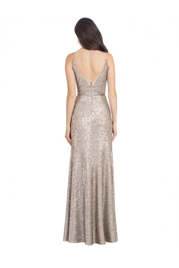 Inexpensive V-Neck Fully Sequin Prom Dress with V-Back and Front Slit UK