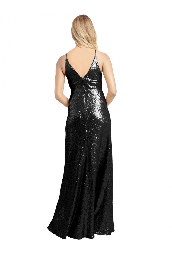 Inexpensive Full Length A-Line Sequin Prom Dress with Spaghetti Straps V-Neckline UK