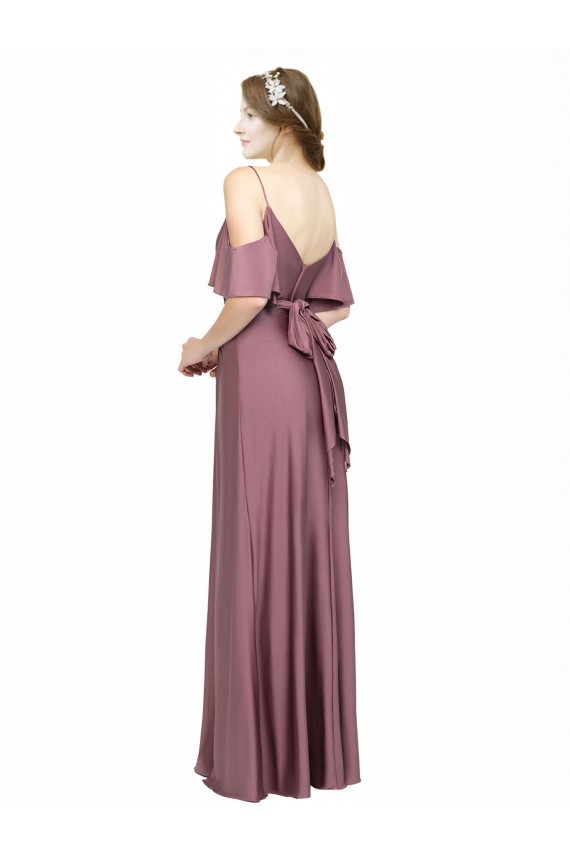Inexpensive Draped Cold Shoulder Sleeves Long Silky Satin Prom Dress with Slit and Tie Back UK