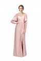 Inexpensive Draped Cold Shoulder Sleeves Long Silky Satin Prom Dress with Slit and Tie Back UK