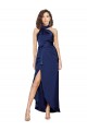 Inexpensive Full Length High Neck Wrap Silky Satin Prom Dress with Waist Tie UK