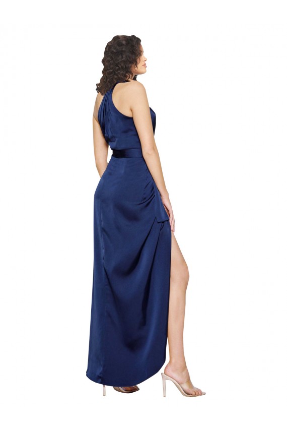 Inexpensive Full Length High Neck Wrap Silky Satin Prom Dress with Waist Tie UK
