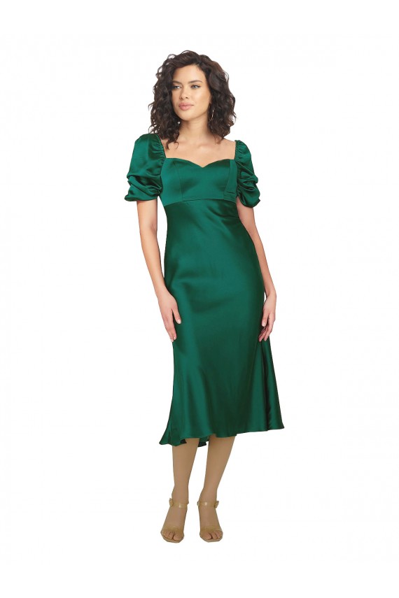 Inexpensive Ruched Sleeve Silky Satin Prom Dress UK