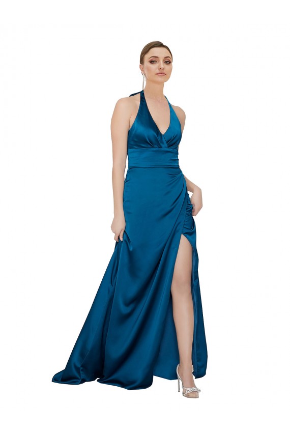 Inexpensive Halter Neck Silky Satin Prom Dress UK