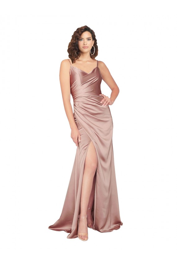 Inexpensive Floor Length Silky Satin Prom Dress with Front Skirt Slit UK