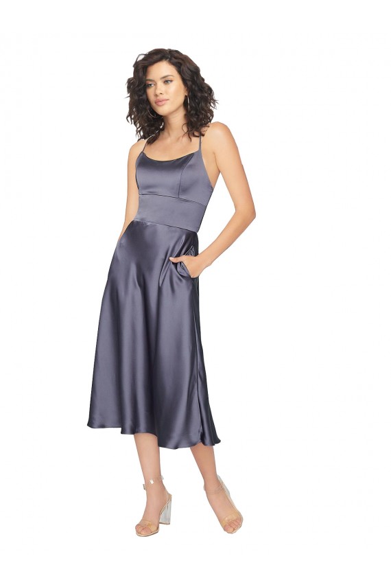 Inexpensive Midi Length Silky Satin Cocktail Prom Dress / Homecoming Dress with Open Tied Back UK