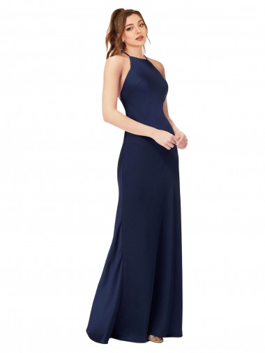 Inexpensive High Neck Satin Prom Dress with Strappy Back UK