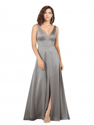 Inexpensive Plunging V-Neckline Long A-Line Silky Satin Prom Dress UK