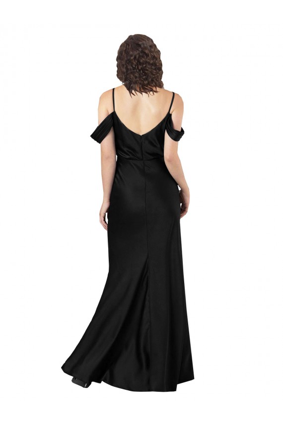 Inexpensive Off the Shoulder Sleeves Silky Satin Prom Dress with Skirt Slit UK