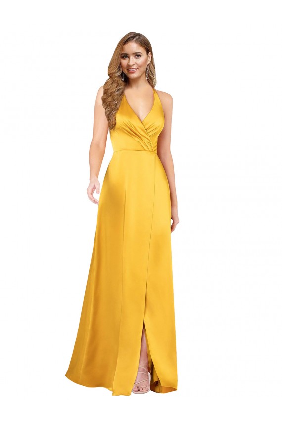 Inexpensive Halter A-Line Silky Satin Prom Dress with V-Neckline and Slit UK