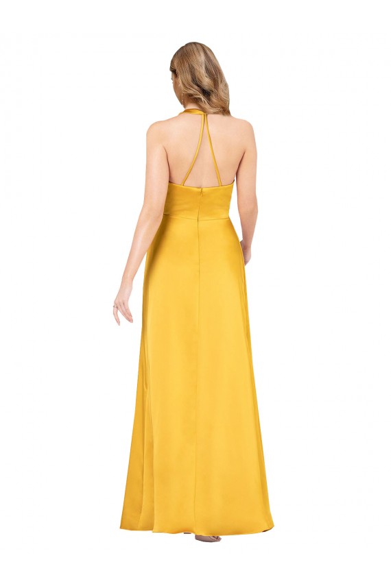 Inexpensive Halter A-Line Silky Satin Prom Dress with V-Neckline and Slit UK