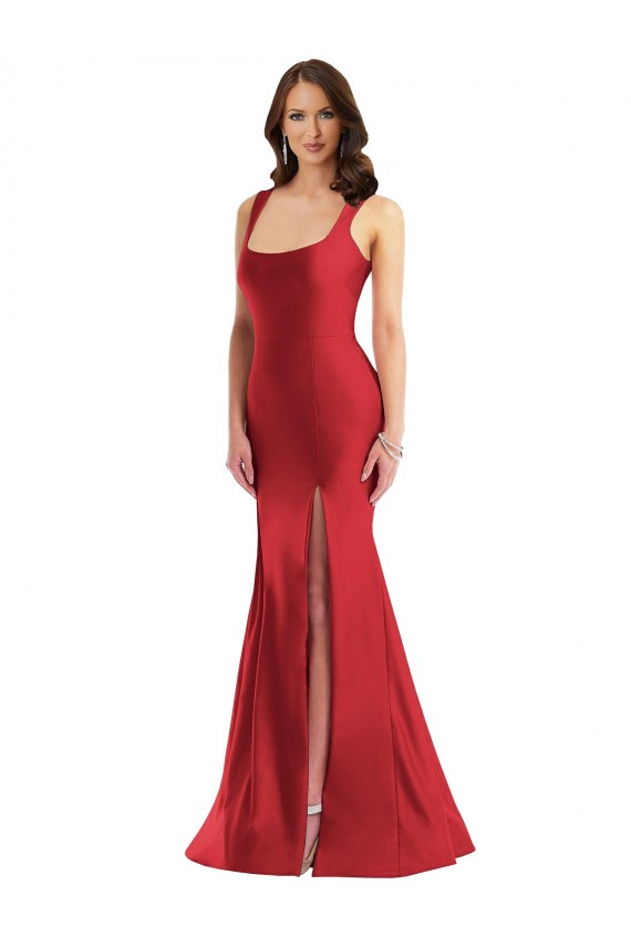 Inexpensive Square Neck Silky Satin Mermaid Prom Dress with Side Slit UK
