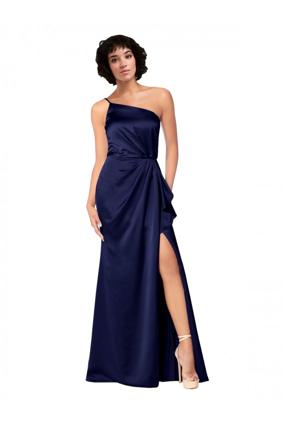 Inexpensive One Shoulder Silky Satin Prom Dress with Skirt Slit UK