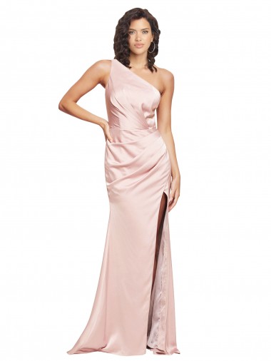 Inexpensive Full Length Ruched Silky Satin Prom Dress with Low Back and High Split UK