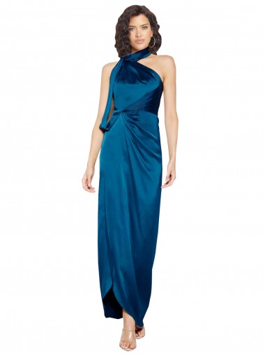 Inexpensive High Halter Neck Silky Satin Prom Dress with Sash Overlay and Side Split UK