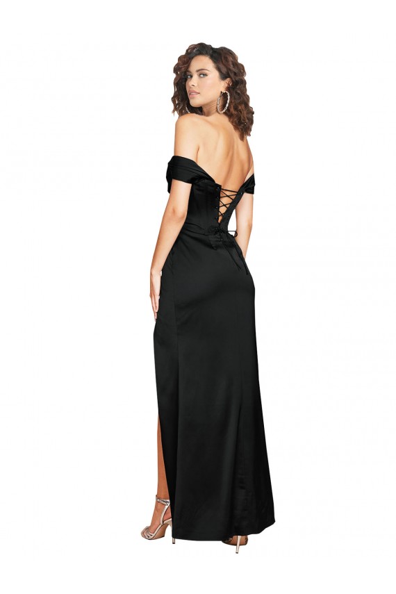 Inexpensive Fitted Sweetheart Neckline Silky Satin Prom Dress with Off the Shoulder Sleeves and High Slit UK