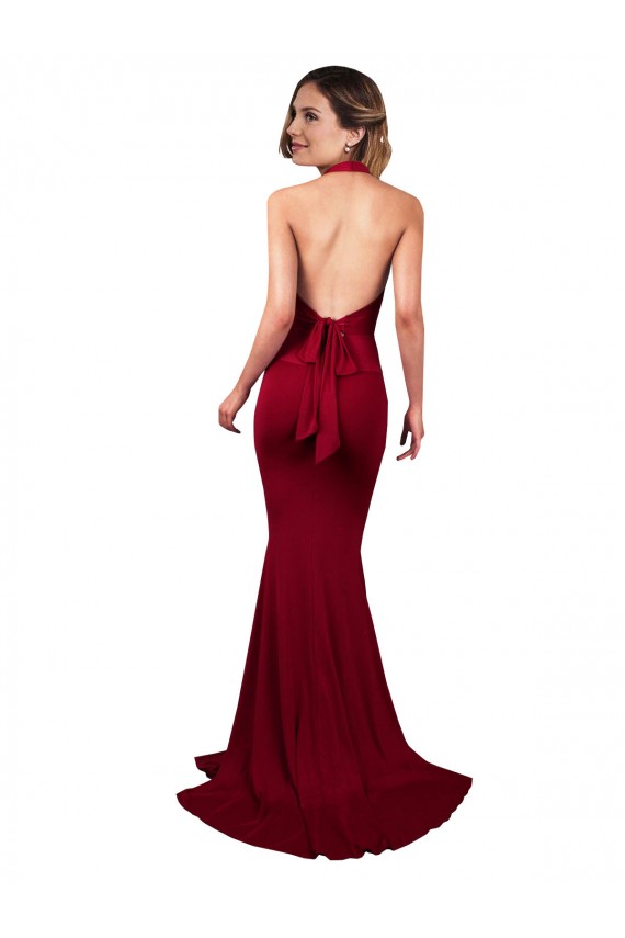 Inexpensive Halter Mermaid Plunge V-Neckline Open Back Bow Tie Spandex Prom Dress UK