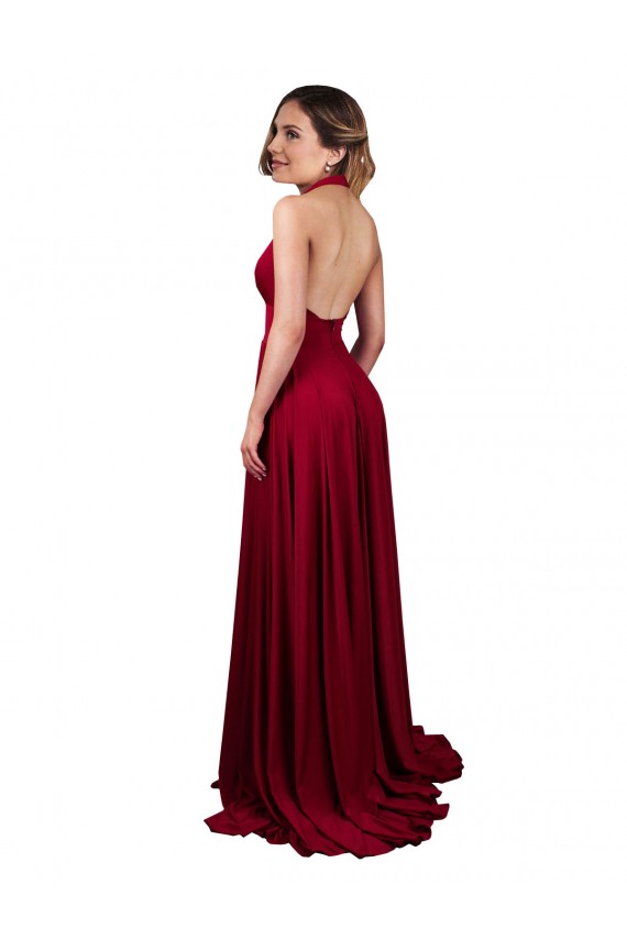 Inexpensive A-Line Halter Plunge V-Neckline Open Back Spandex Prom Dress with Slit UK