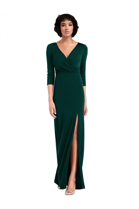 Inexpensive Floor Length 3/4 Sleeves V-Back Draped Wrap Maxi Spandex Prom Dress UK