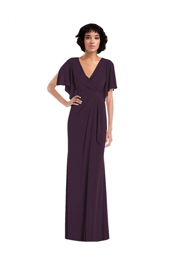 Inexpensive Faux Wrap Split Sleeves Maxi Spandex Prom Dress with Cascade Skirt UK