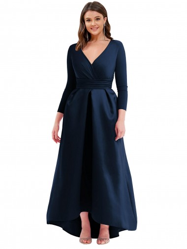 Inexpensive Long Sleeves Wrapped Spandex Prom Dress with High Low Full Skirt and Pockets UK