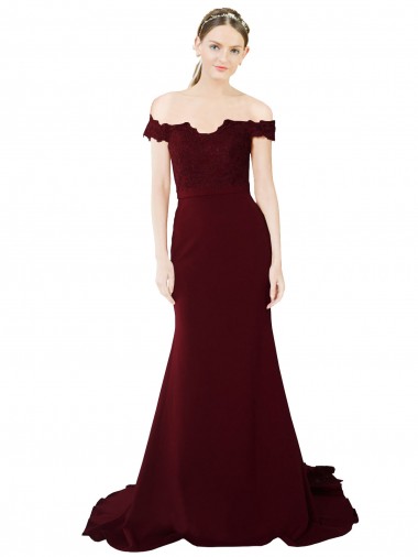 Inexpensive Full Length Off the Shoulder Formal Crepe Prom Dress with Lace On Bodice and Back UK