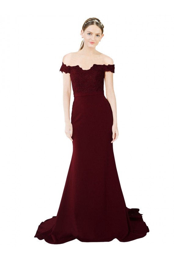 Inexpensive Full Length Off the Shoulder Formal Crepe Prom Dress with Lace On Bodice and Back UK