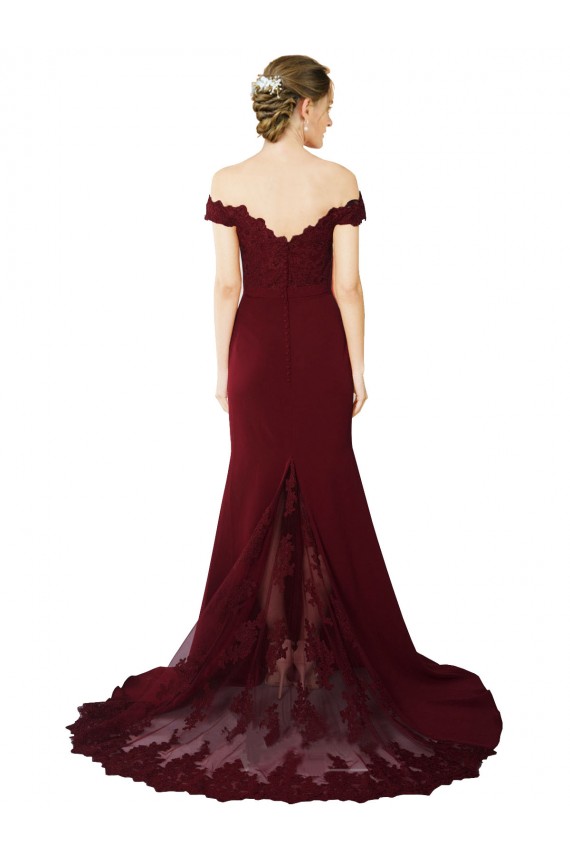 Inexpensive Full Length Off the Shoulder Formal Crepe Prom Dress with Lace On Bodice and Back UK