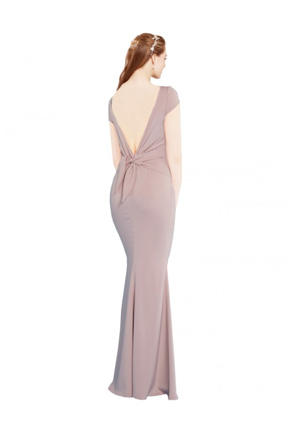 Inexpensive Boat Neck Cap Sleeve Crepe Prom Dress with Plunging Tie Back UK