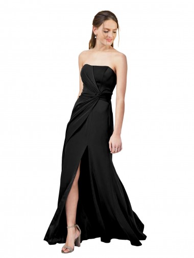 Inexpensive Strapless Fit and Flare Long Crepe Prom Dress with Knot and Slit UK