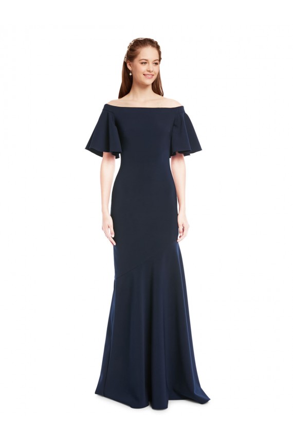 Inexpensive Off the Shoulder Crepe Prom Dress with Short Ruffle Sleeves. UK