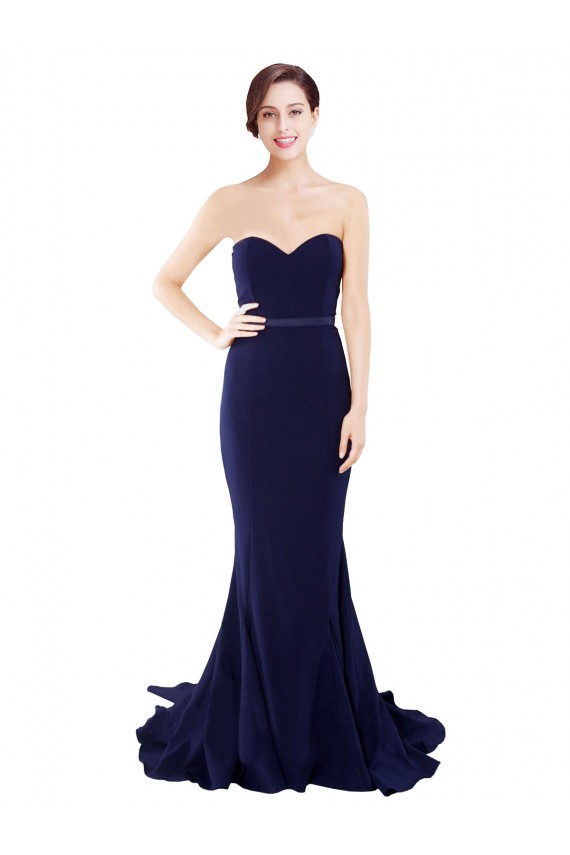 Inexpensive Strapless Sweetheart Neckline Crepe Prom Dress with Satin Waistband UK