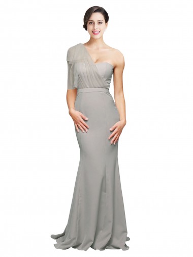 Inexpensive Long Sweep Train Sweetheart Crepe Prom Dress with Tulle One Shoulder UK