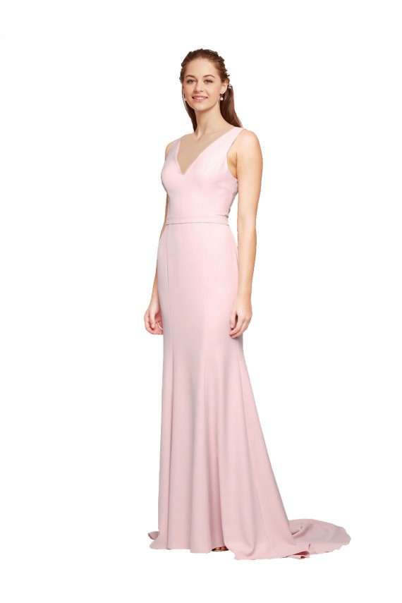 Inexpensive Deep V-Neckline and Back Long Sweep Train Crepe Prom Dress with Shoulder Straps UK