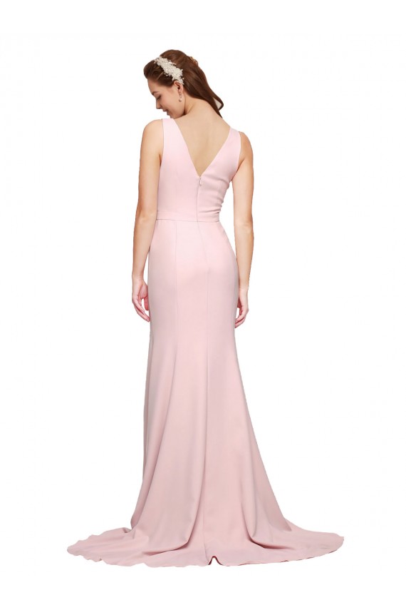 Inexpensive Deep V-Neckline and Back Long Sweep Train Crepe Prom Dress with Shoulder Straps UK
