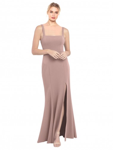 Inexpensive Square Neck Fit and Flare Long Stretch Crepe Prom Dress with Side Slit UK