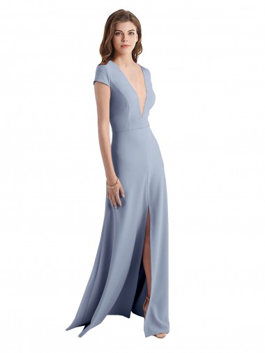 Inexpensive Plunging V-Neck Cap Sleeves Stretch Crepe Prom Dress with Front Slit UK