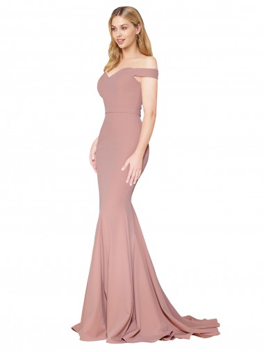Inexpensive Off the Shoulder Sweetheart Long Sweep Train Crepe Prom Dress UK